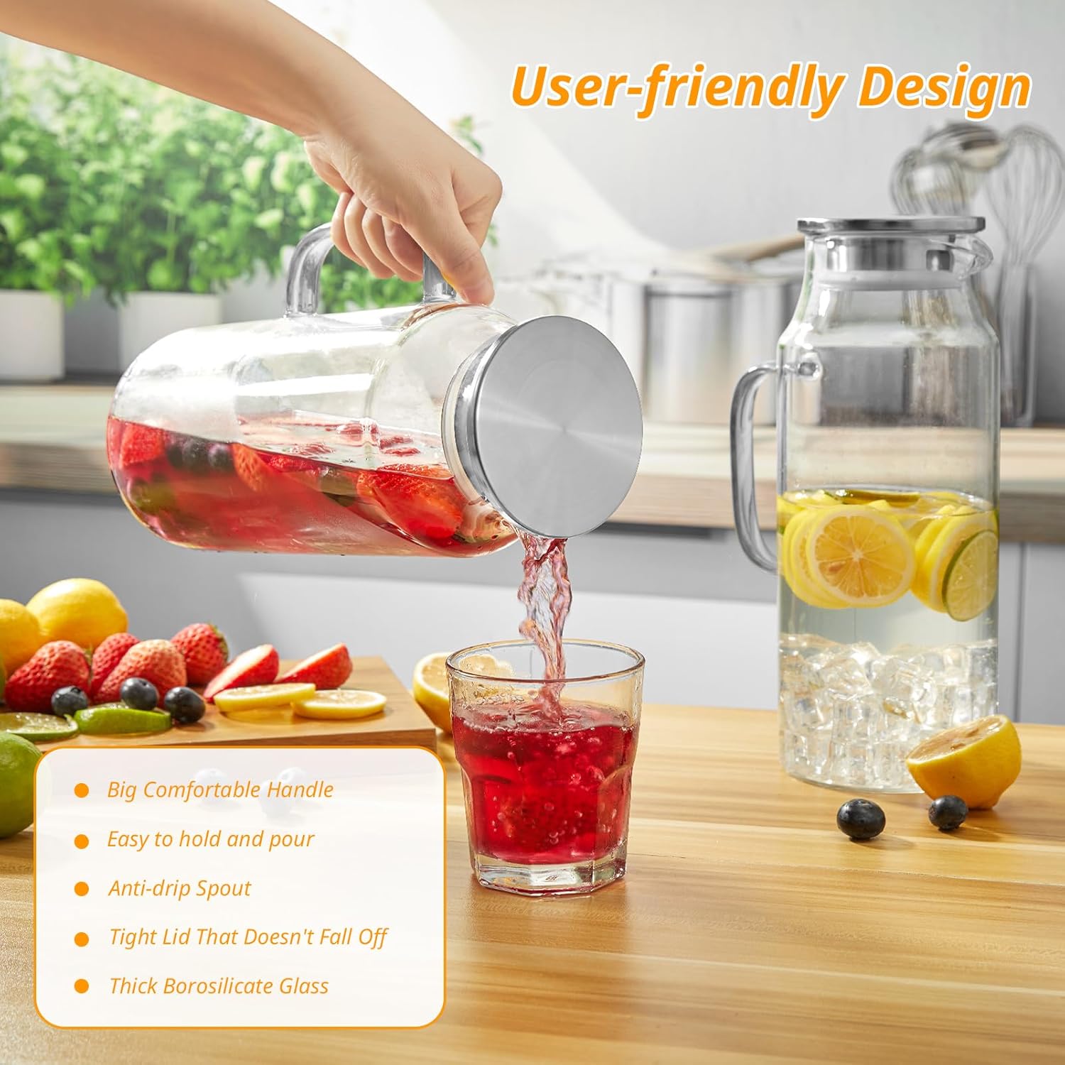 2 Liter 68 oz Glass Pitcher with Lid and Spout, Glass Water Pitcher for Fridge, Glass Carafe for Hot/Cold Water, Large Jug for Iced Tea, Coffee, Juice and Homemade Beverage