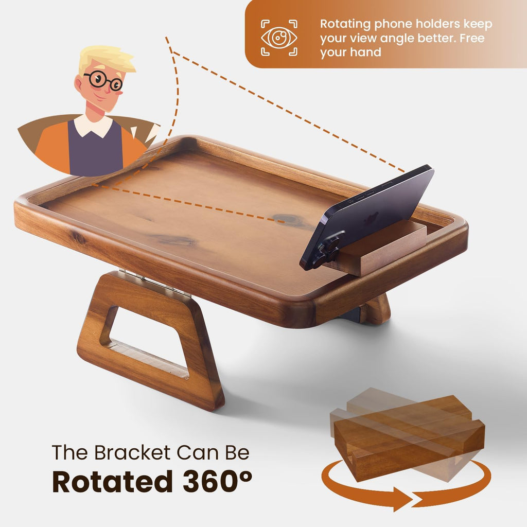 Tinamo 15.7" x 11" Large Couch Arm Table with 360 Rotating Phone Holder - Sofa Arm Clip Table for Living Room - Sofa Armrest Tray Wide Couches - Wooden Side Tables for Eating and Drink (Acacia Wood)
