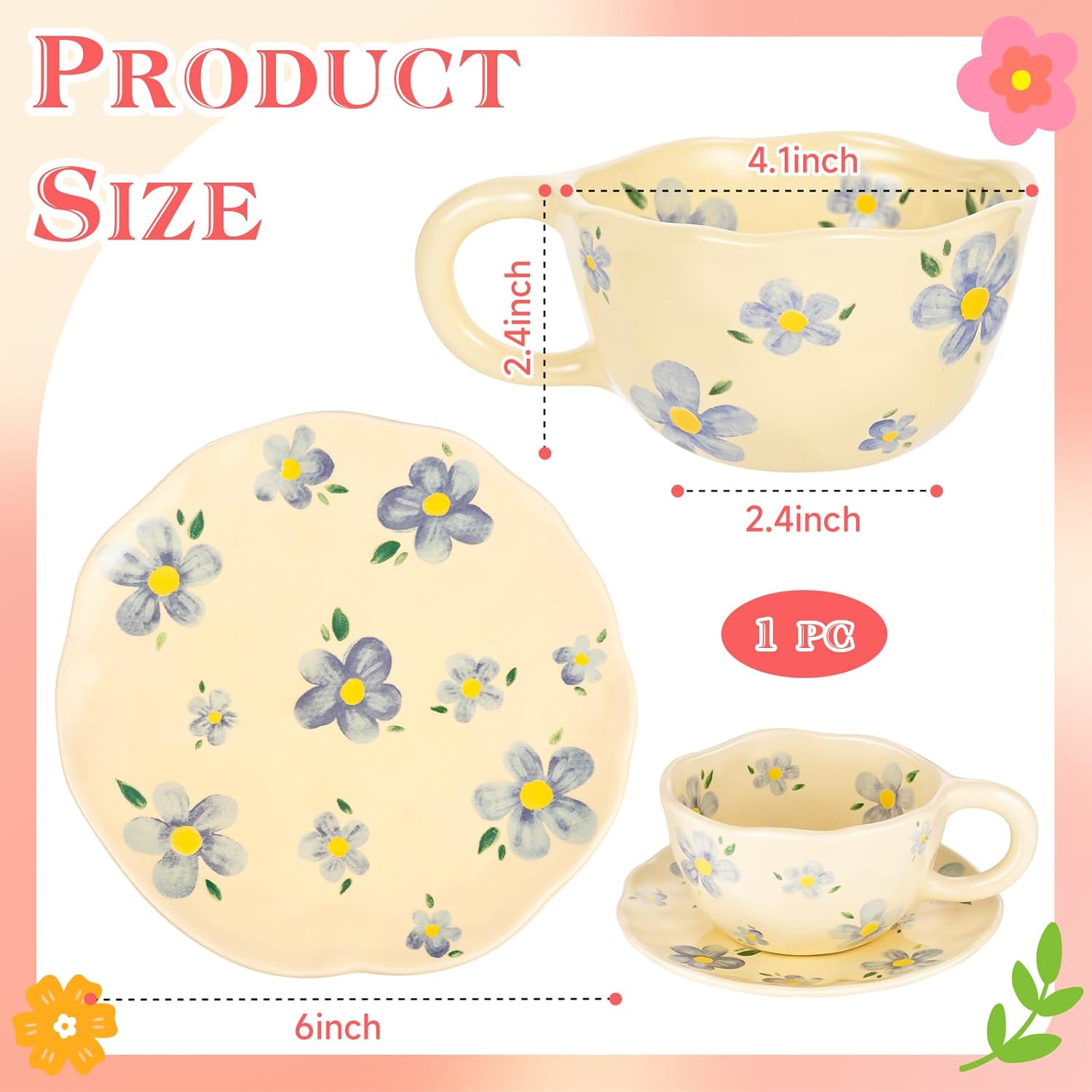 Cappuccino Cups with Saucers 8 oz Latte Art Cup Ceramics Coffee Mugs Irregular Aesthetic Flower Cups for Espresso, Double Shot, Americano, Latte, Tea - Microwave and Dishwasher Safe (Blue Flowers)