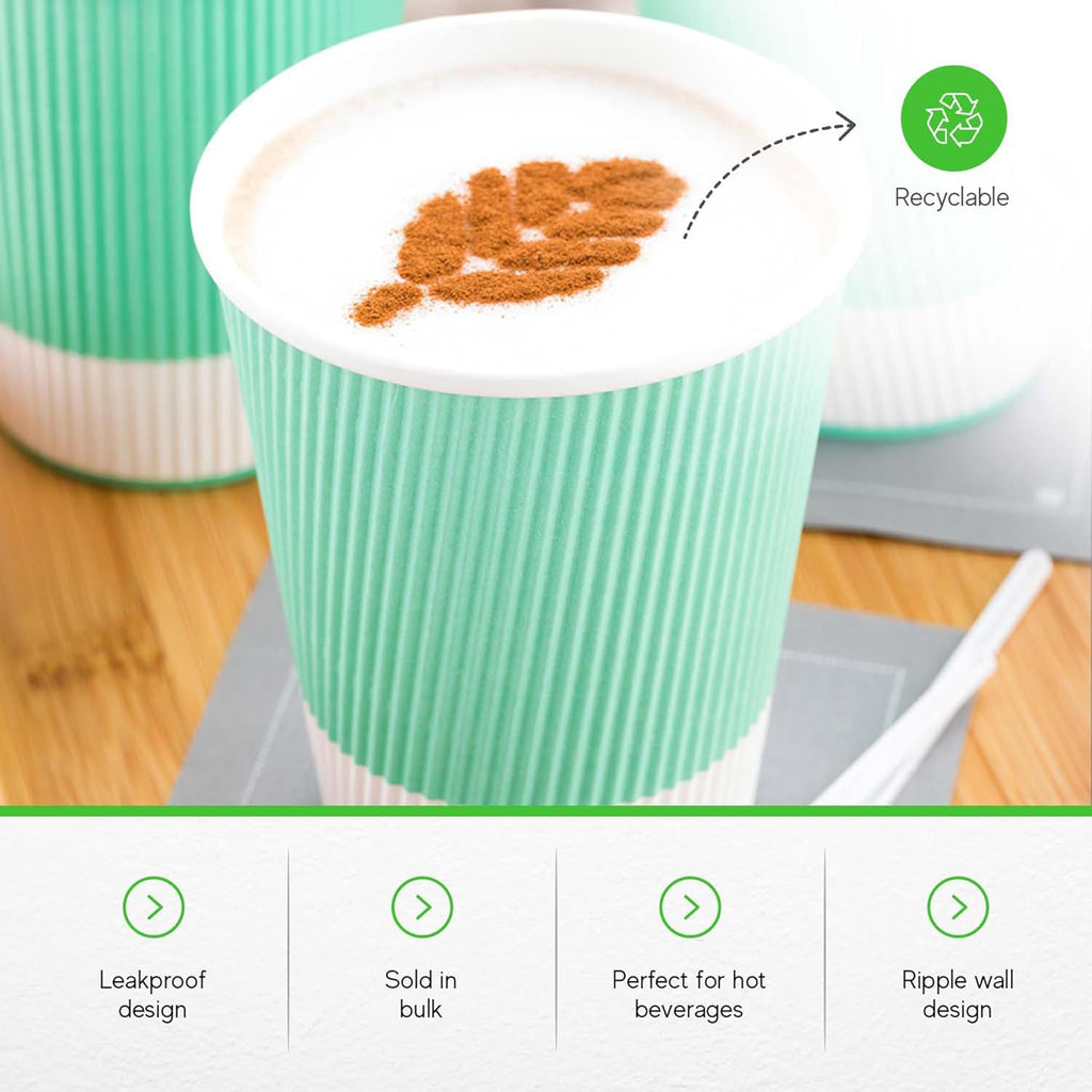 Restaurantware 12 Ounce Ripple Wall Disposable Coffee Cups, 500 Insulated Midnight Light Green Paper Tumblers with Rolled Rim Design, Lids Sold Separately for Hot Drinks like Tea, Hot Chocolate