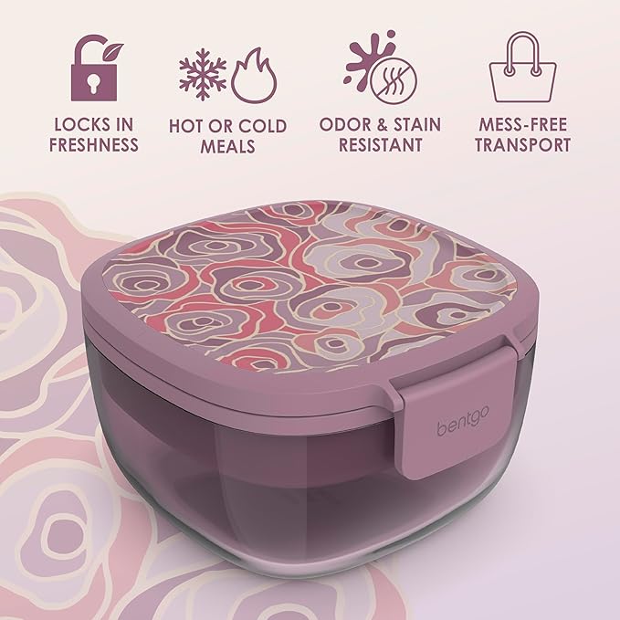 Bentgo Glass Prints All-in-One Salad Container - 61oz Tinted Glass Salad Bowl with Lid, Bento-Style Tray, Sauce Container, & Reusable Fork - Dishwasher & Microwave Safe (Floral Maximalist - Bouquet)