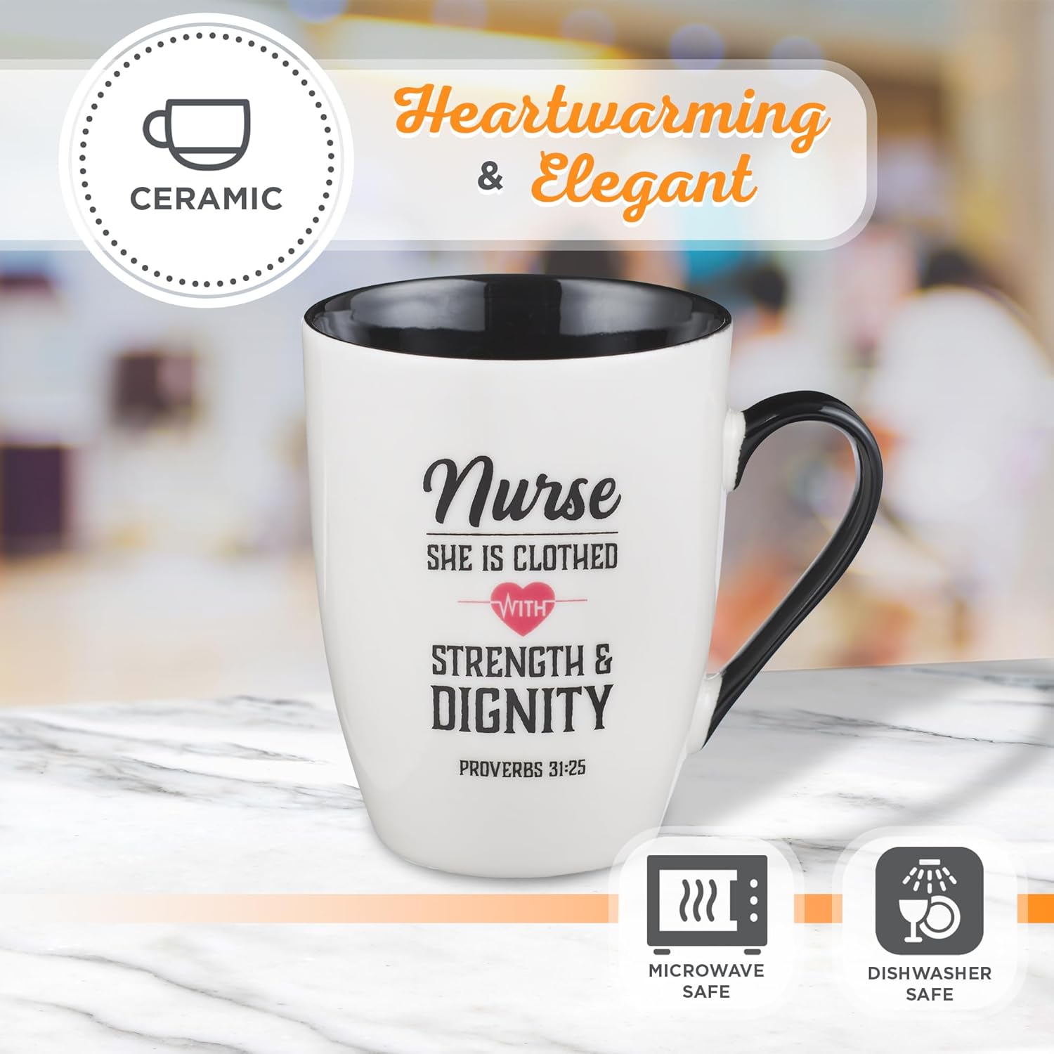 Christian Art Gifts Inspirational Ceramic Coffee & Tea Scripture Mug for Women Nurses: Strength & Dignity Encouraging Proverb, Microwave/Dishwasher Safe Novelty Cup, Cute Heart, White & Black, 12 oz.