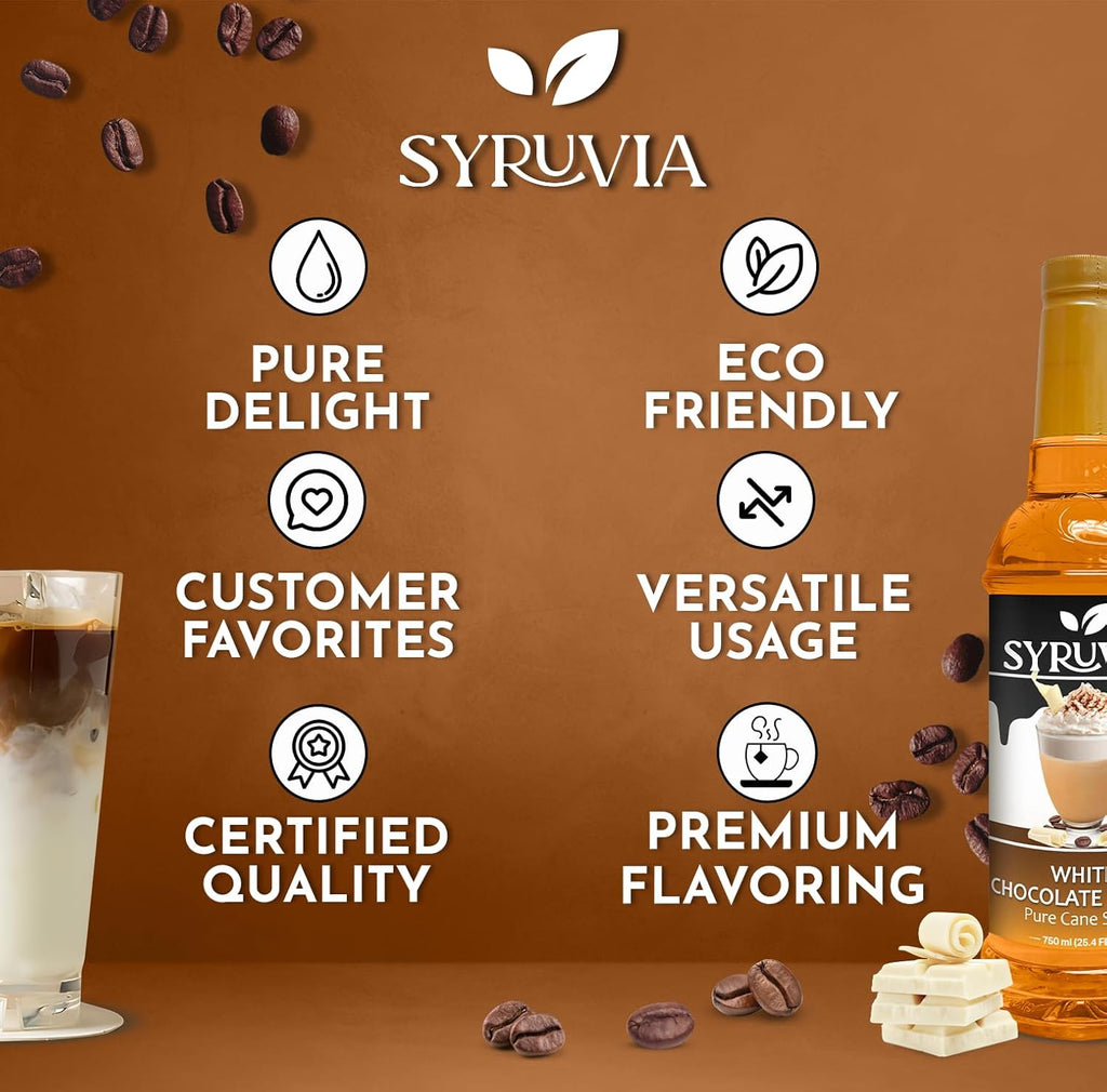 Syruvia White Chocolate Mocha Syrup For Coffee 25.4 Oz. - Kosher & Gluten Free, No Coloring, Perfect for Drinks, Soda, Shakes, Desserts, and More.