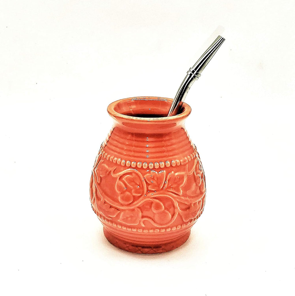 Ceramic Yerba Mate Gourd With Emboss Calabash Pattern (Coral With Straw)