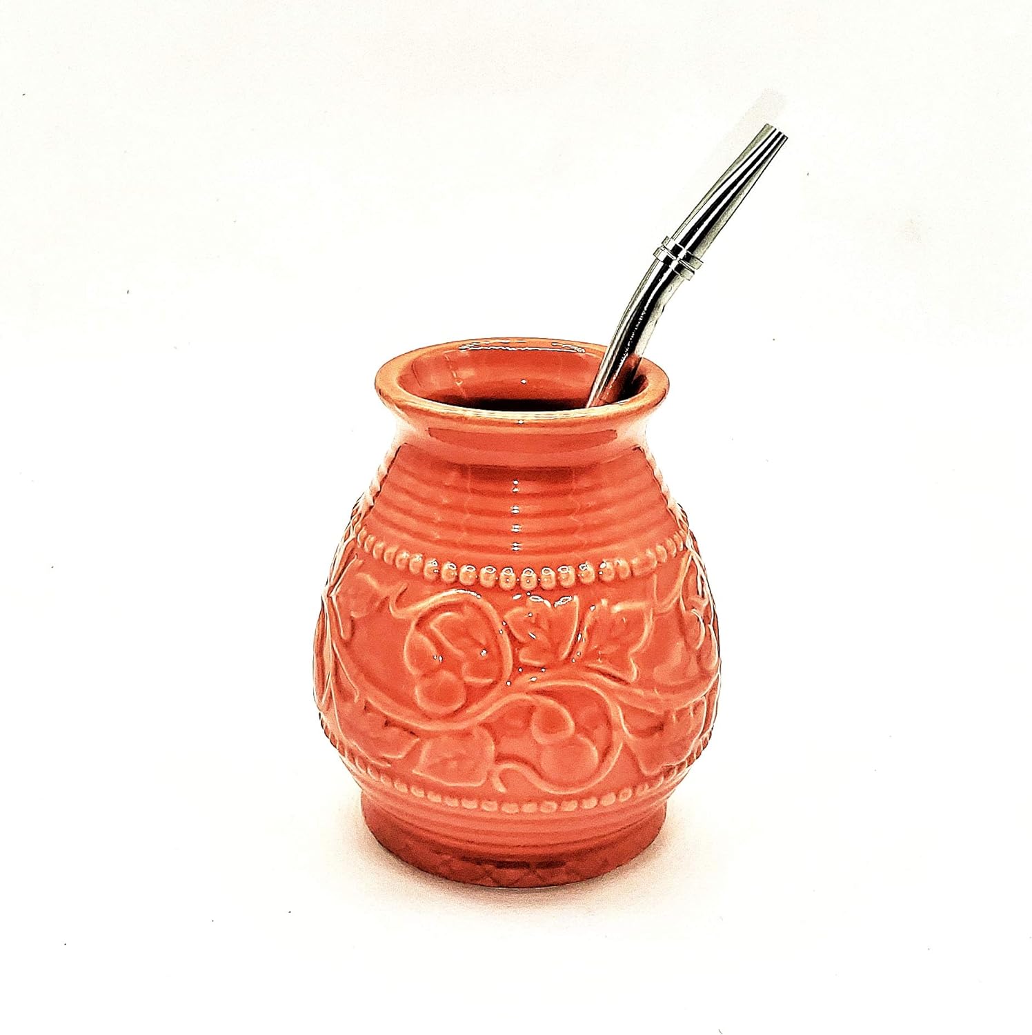 Ceramic Yerba Mate Gourd With Emboss Calabash Pattern (Coral With Straw)