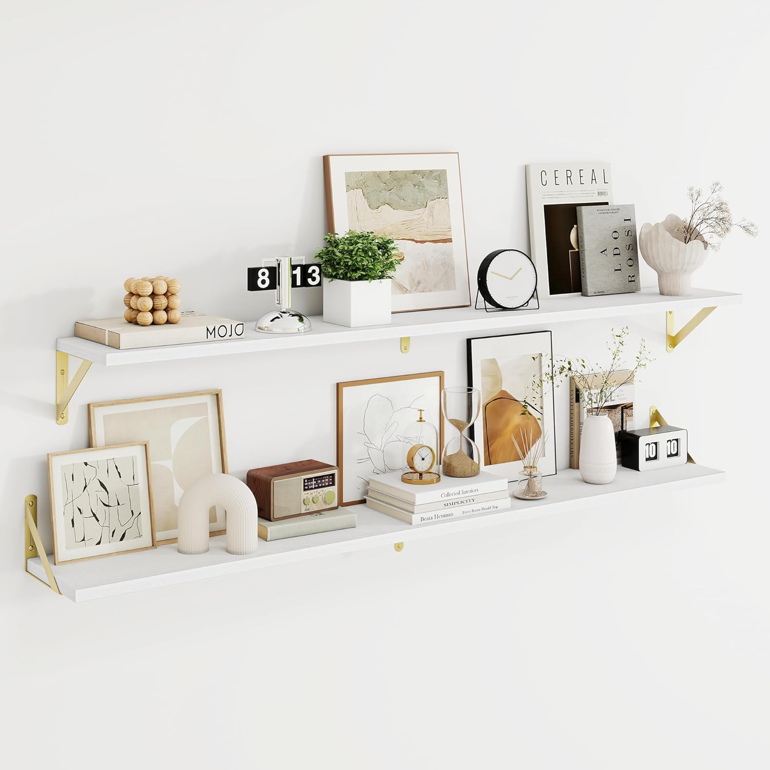 Dreamland 8 inch Deep Floating Shelves for Wall, 55 inch Long White Wall Mounted Shelves Set of 2, Wide Ledge Shelf with Gold Sturdy Metal Brackets for Living Room, Bathroom, Bedroom and Kitchen