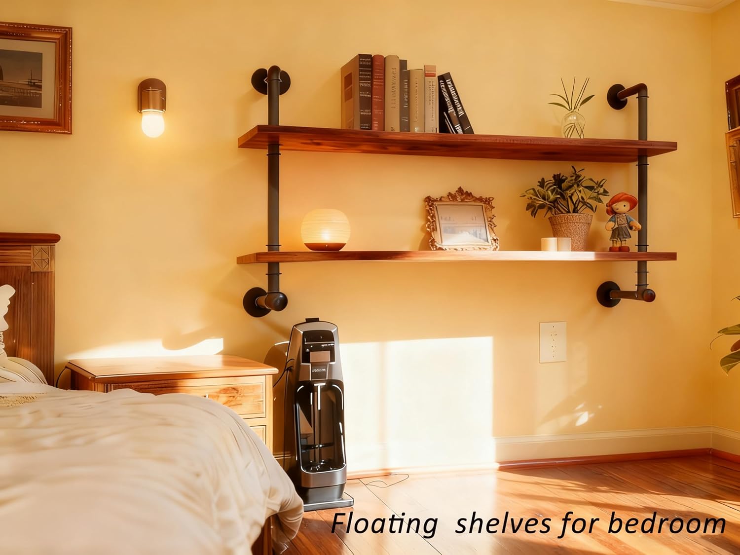 ROGMARS Industrial Pipe Solid Wooden Floating Book Shelves for Living Room Wall Shelving Kitchen Wall Shelves Bar Shelving 48 inch Rustic Farmhouse Shelves 2 Tier