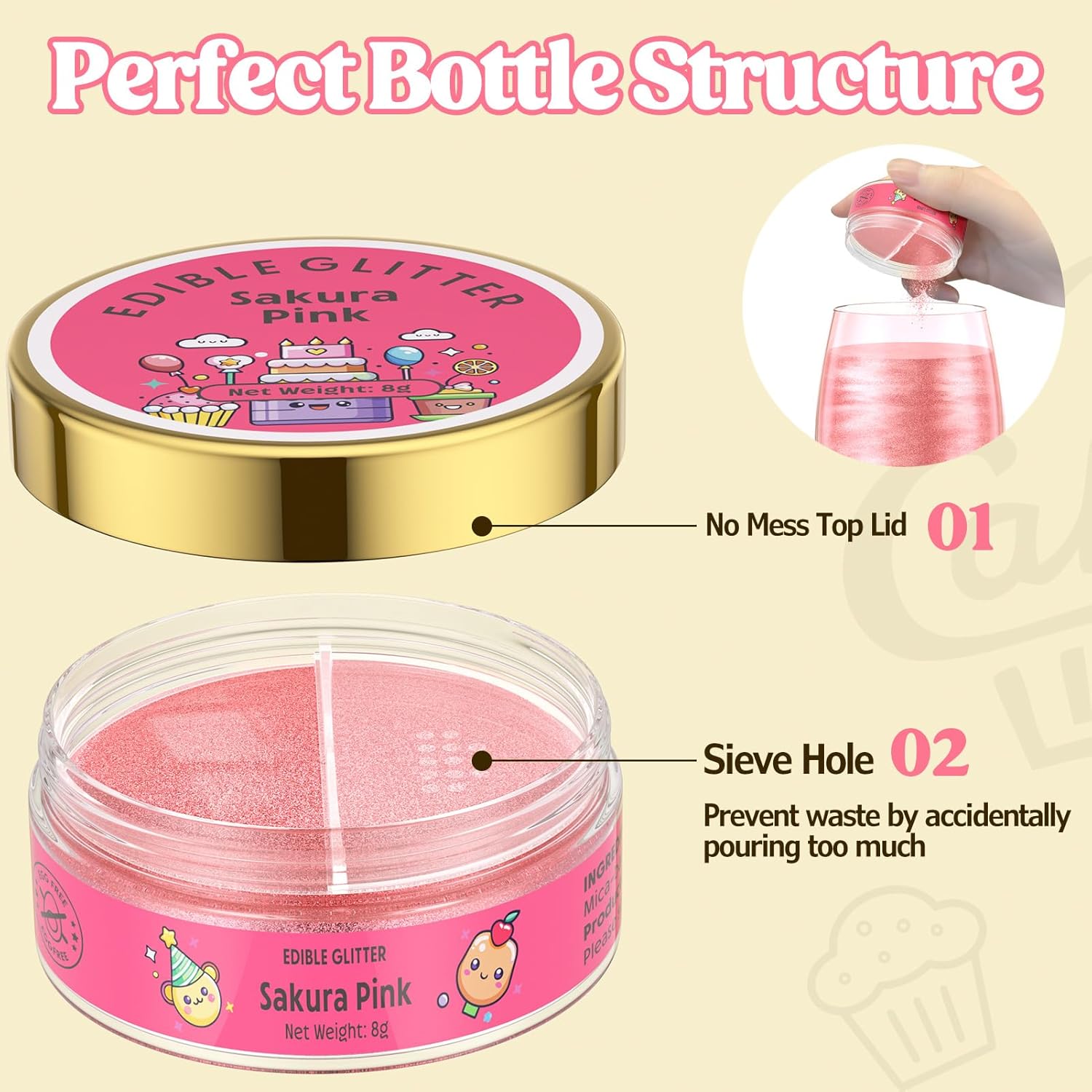 Nomeca Edible Glitter for Drinks Cakes, 8 grams Food Grade Luster Dust Sprinkles Glitter for Cake Decorations, DIY Cocktails, Beverages & Cake Decorating, Dessert Cake Topper (5-Sakura Pink)