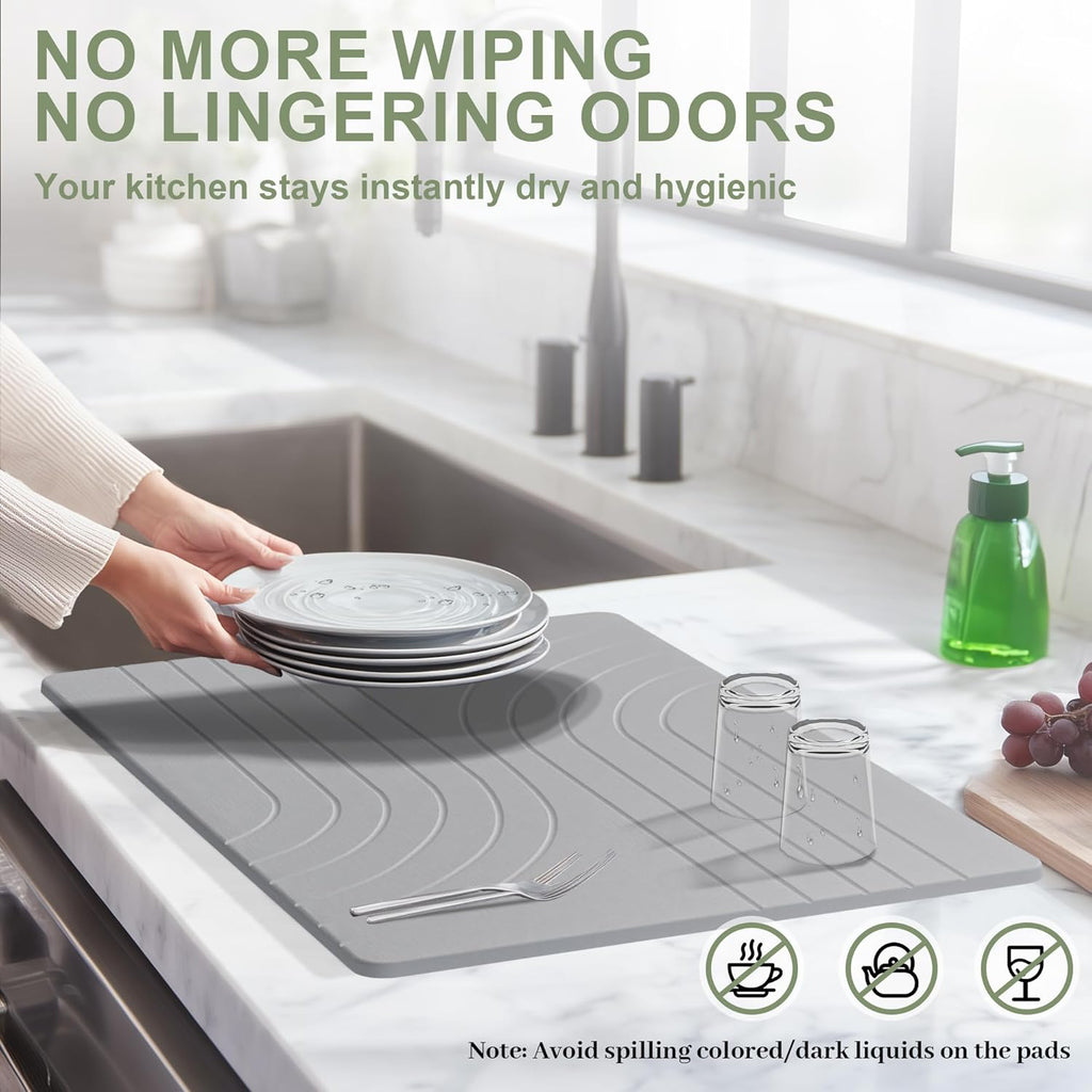 Large Stone Drying Mat for Kitchen Counter, 24" × 16" Diatomite Dish Drying Mat, Quick Dry Stone Mats, Ultra Absorbent Natural Diatomaceous Earth Mats for Dished, Bottles, Dark Grey