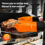 Walfos Silicone BBQ Gloves - Heat Resistant Grilling Gloves Set with Pork Shredder Claws & Brush, Non-Slip Kitchen Silicone Oven Mitt with Protective Cotton Layer, Suit for Indoor & Outdoor, Orange
