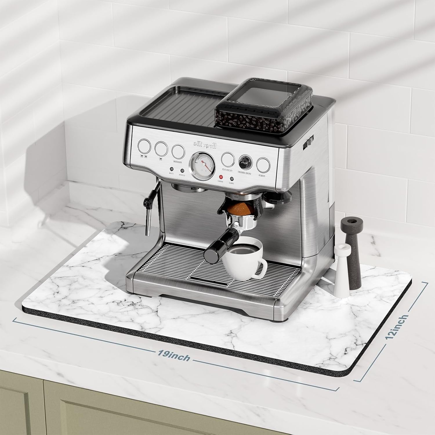 Rnivvi Coffee Mat, 12" x 19" Cute Marble Style Coffee Bar Mats for Espresso Machine Station Accessories and Organizer, Hide Stain Rubber Backed Absorbent Dish Drying Pad for Kitchen Counter,Gray White