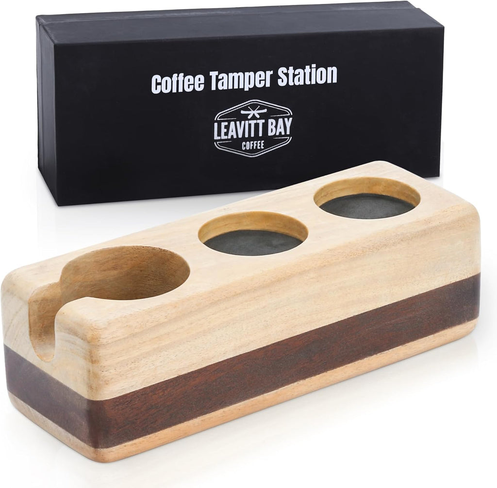 Espresso Tamping Station - Portafilter Holder (62mm) - Acacia & Mango Wood Espresso Station & Tool Organizer - Essential Accessories for Baristas