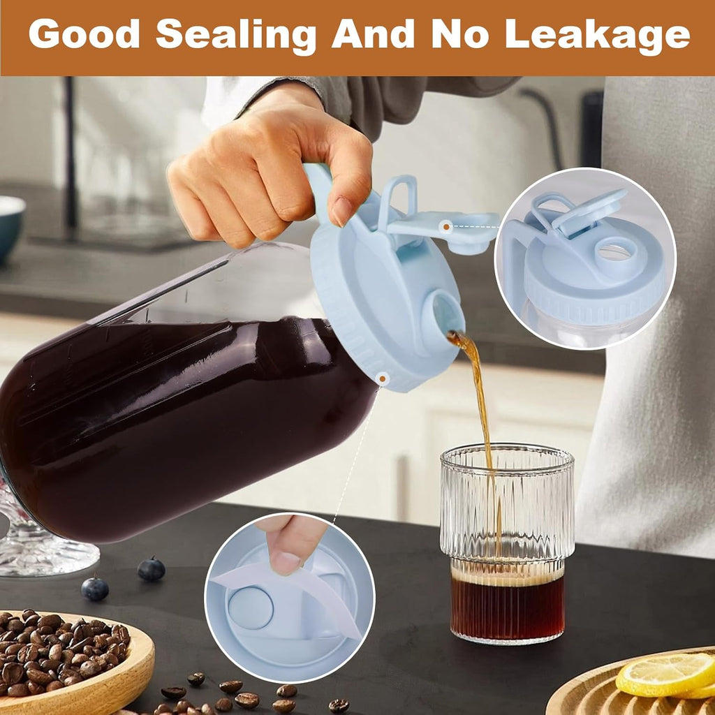 Cold Brew Coffee Maker,64 oz Mason Jar Pitcher with Stainless Steel Filter, Pour Spout Handle Lid, Heavy Duty Glass Airtight & Leak-Proof Pitcher for iced coffee Tea Lemonade-Gray