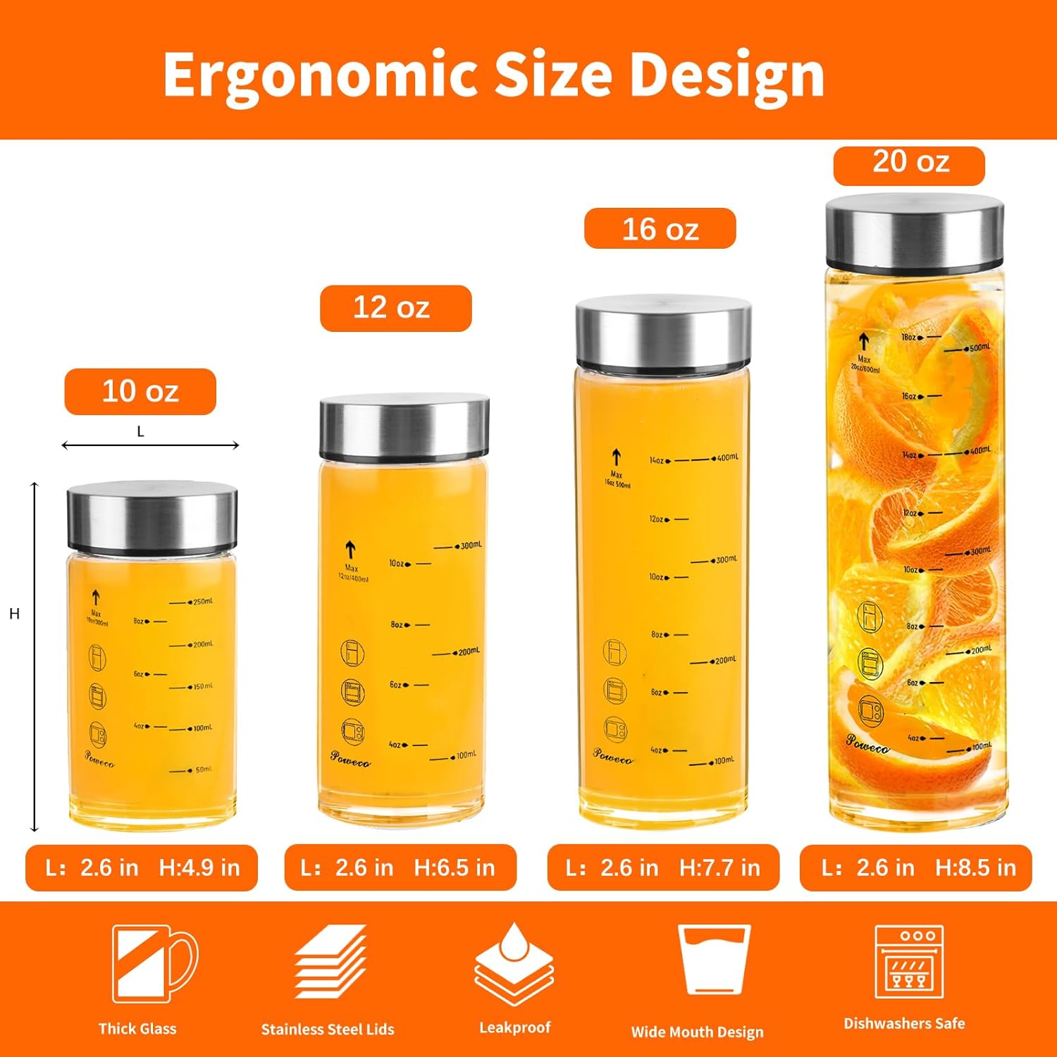 Glass Juice Bottles 6 Pack 20 oz - Wide Mouth Glass Water Bottles with Lids - for Juicing, Protein, Smoothie, Milk, Reusable, BPA Free, Stainless Steel Lids, Blender, Shaker Bottle [20oz/600ml]