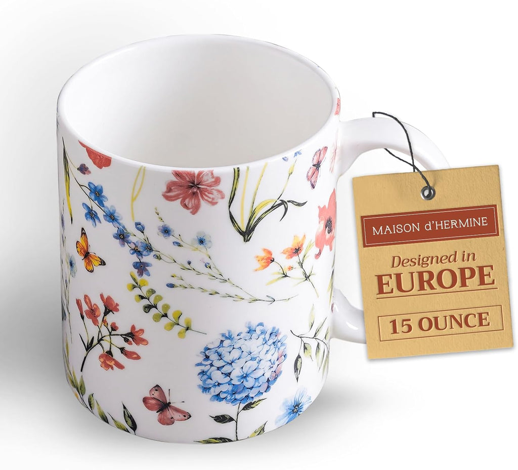 Maison d' Hermine Coffee Mug with Handles Fine Bone China Mugs Pack of One Tea Cups for Hot Beverages Cappuccino Latte Home Restaurant Office Perfect for Gift (Just Floral - Poppies Always, 15 Ounce)