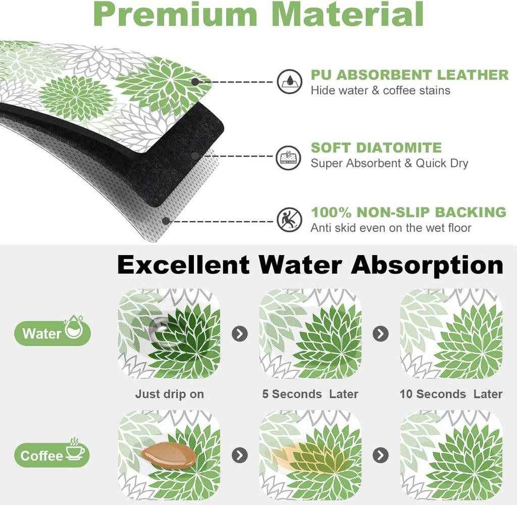 Findosom 2PCS 12" x 20" Dish Drying Mat & 24" x 5.5" Sink Splash Guard, Super Absorbent & Cuttable Dish Mat Drying Kitchen Mat with Green Floral, Hide Stain Drying Mat for Kitchen Counter