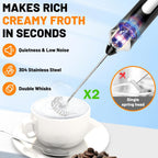 TonJin Milk Frother USB C Rechargeable New Upgraded Handheld Frother Wand with 2 304 Stainless Whisks 1 Stand, 3 Speeds Electric Coffee Whisk Frother for Lattes, Cappuccino, Egg, Matcha, Black
