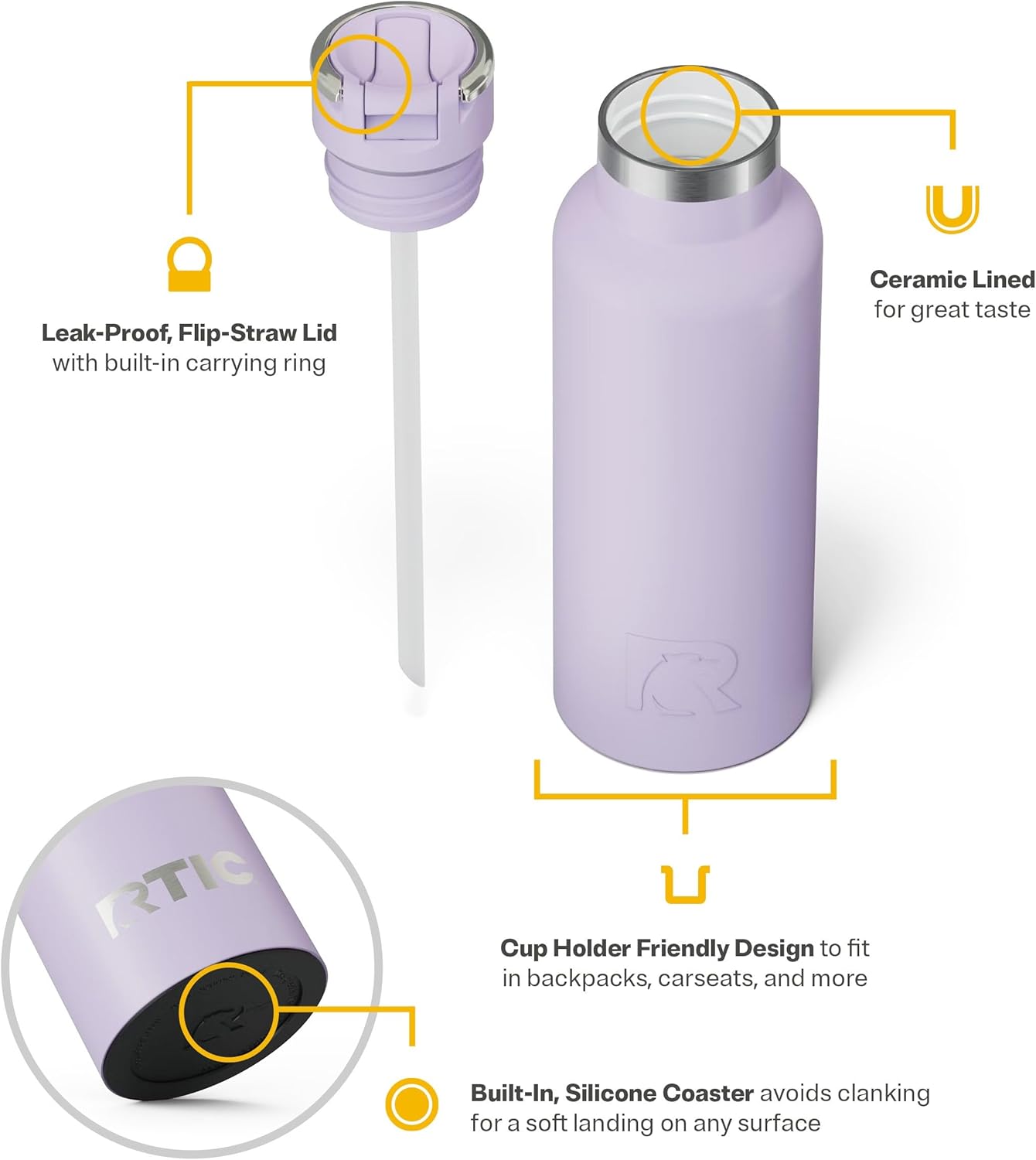 RTIC 16oz Journey Bottle Metal Stainless Steel Vacuum Insulated, BPA Free, Reusable, for Water, Hot and Cold Drinks, Travel, Sports, Camping, Dusty Lilac