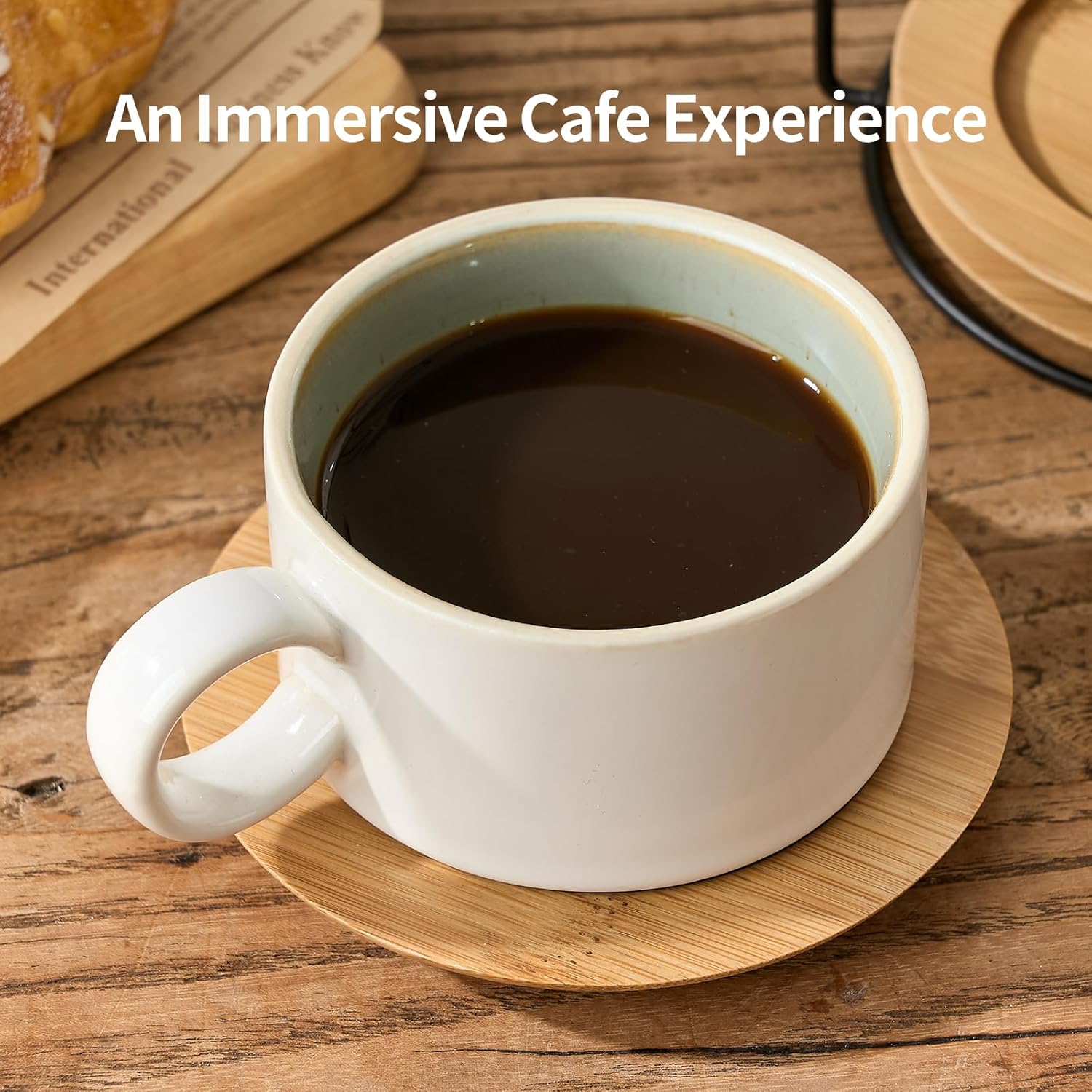 LUKA 6 Ounce Porcelain Stackable Espresso Cups with Saucers and Metal Stand Set of 4, Ceramic Cappuccino Cups Set for Specialty Coffee Drinks, Latte, Cafe Mocha and Tea, White Green Interior