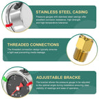 0-15PSI Stainless Steel Glycerin Filled Pressure Gauge 1.5" Black Dial Size, 1/8" NPT Lower Mount, for Tube, Water Pump, Gas, Liquid, Pressure Test (with Range Mark Pointer)