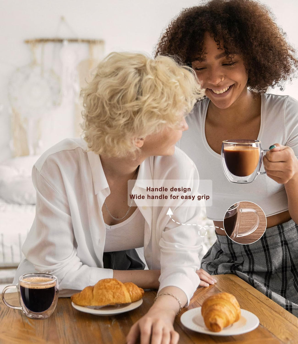 OJA Espresso Cups Set of 4, Hand Blown 5OZ Double Wall Glass Mugs with Handle Perfect for Cappuccino, Latte, Tea, Clear Glass Espresso Shot Cups Suitable for Coffee Machine