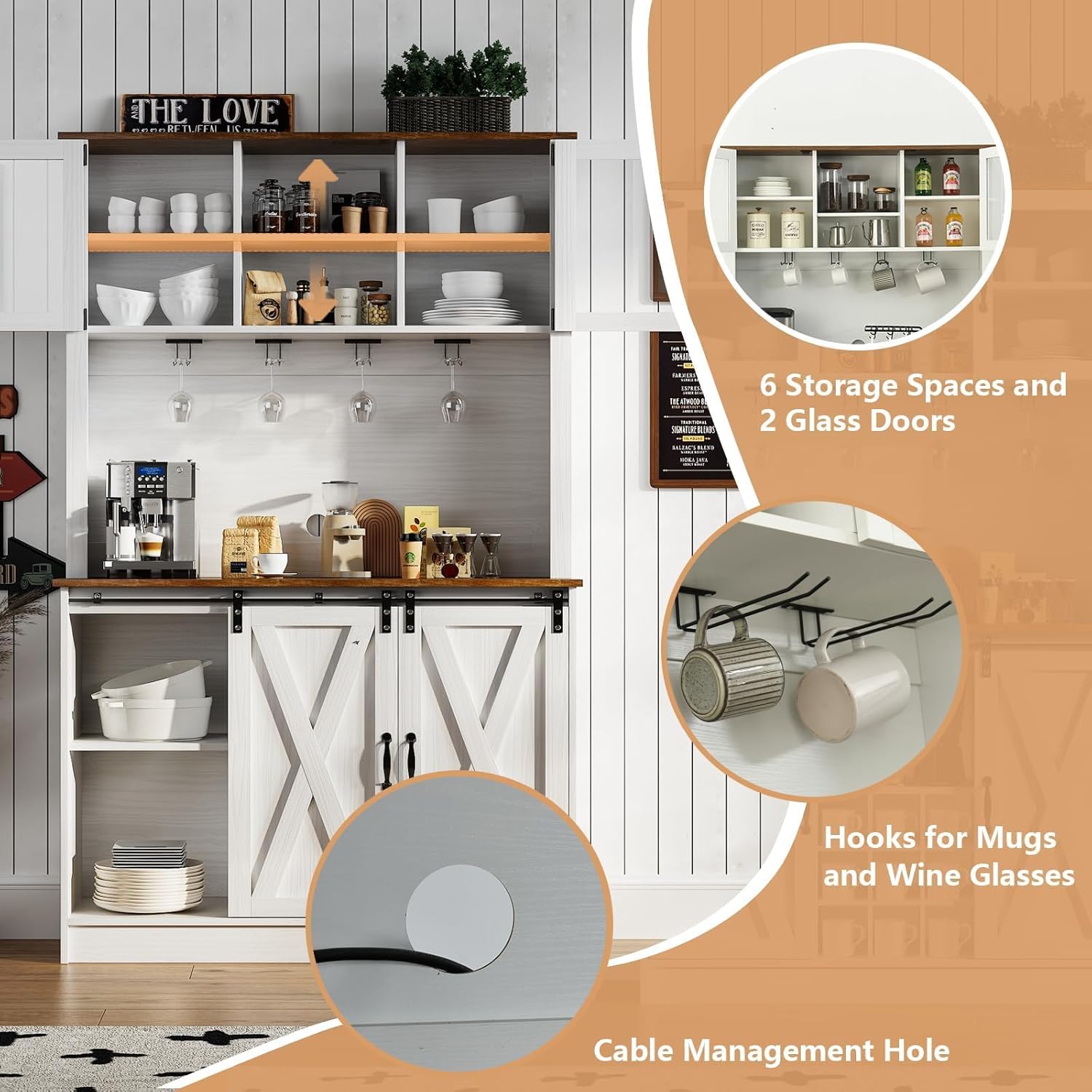 4ever2buy Farmhouse Coffee Bar Cabinet with 2 Glass Doors, 72'' White Bar Cabinet with Sliding Barn Door, Tall Wine Bar with 9 Racks, Coffee Bar Hutch with Storage for Living Room