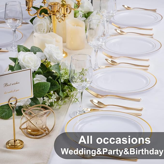 WELLIFE 72PCS Gold Plastic Plate, 10.25Inch Disposable Dinner Plate Party with Gold Rim, Heavy Duty Disposable Plastic Plates for Party, Wedding, Birthday and Christmas