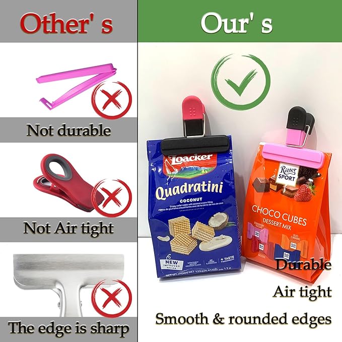 11 Pack Chip Clips Food Bag Clips for Food Packages Chips Storage Bags Heavy Duty Snack Kitchen Potato (3 Large, 6 Small & 2 Round, Black Pink)