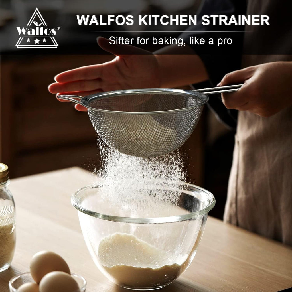 Walfos Fine Mesh Strainer and Fat Skimmer Spoon Set, Multipurpose Metal Strainers for Kitchen, Rice, Quinoa, Food, 304 Stainless Steel Fat Skimmer For Cooking, Fat, Grease, Floating Foam, 5 Pack