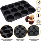 Silicone Muffin Pan Set,2 Pcs 2.8" 12 Cups Egg Bite Mold,Non-Stick,Easy Release,For Egg Muffins, Cupcakes, Large Muffins,Pizza Muffins,Cheesecakes(Black + Red)