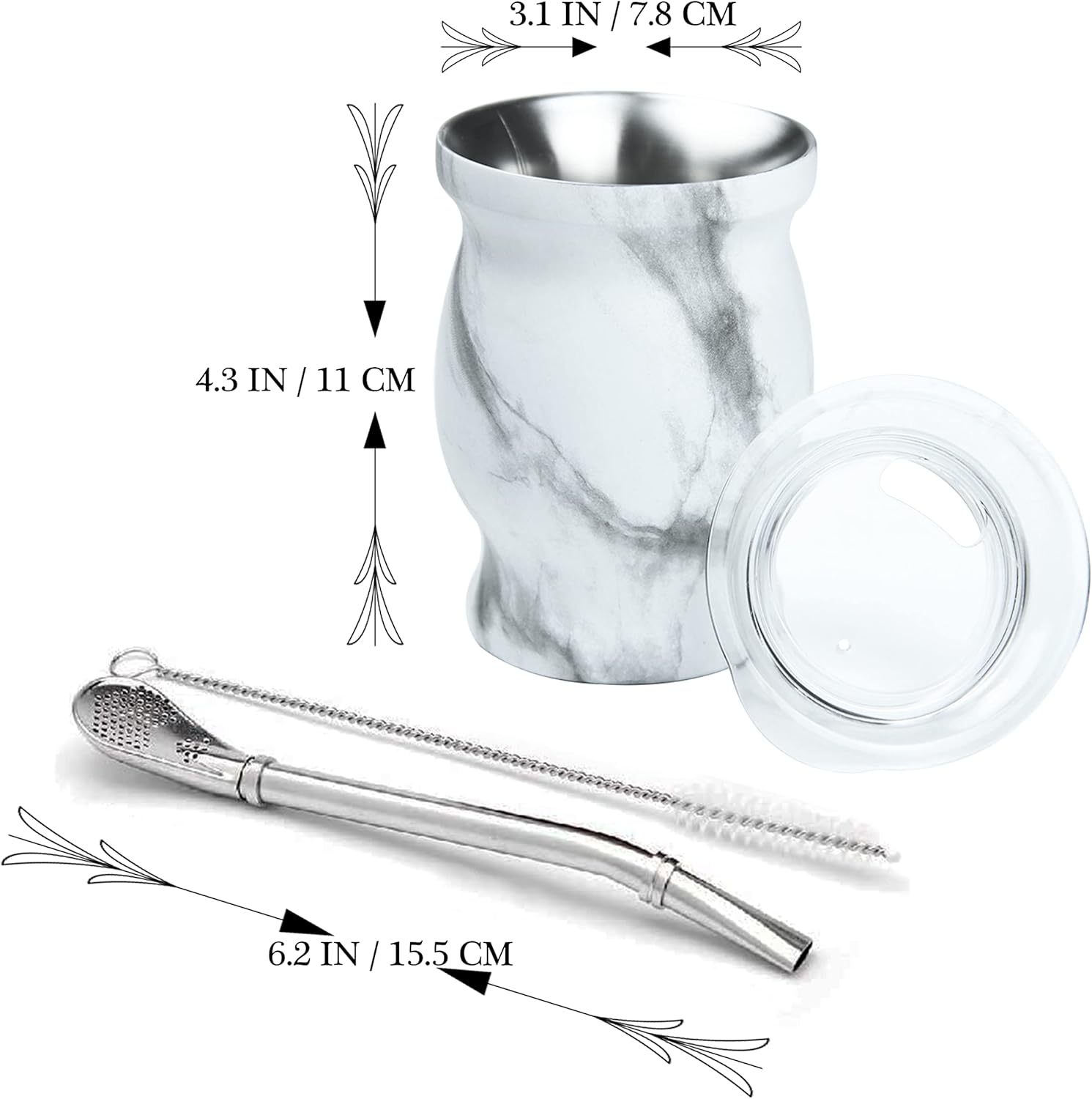 LA FEE Yerba Mate Natural Gourd/Tea Cup Set Brown (Original Traditional Mate Cup - 8 Ounces)，Includes Yerba Mate Straw & Cleaning Brush，Stainless Steel | Double-Walled | Easy to Clean (White)