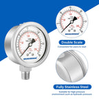 MEASUREMAN Fully Stainless Steel Hydraulic Glycerin Filled Pressure Gauge, 2-1/2" Dial Size,0-30psi/kpa,1/4" NPT Lower Mount