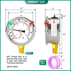 -30inHG-60psi Stainless Steel Glycerin Liquid Filled Vacuum Pressure Gauge 1/4" NPT 2.5" Face Dial Center Lower Mount, for Water, Oil and Air Pressure Testing (with Range Mark Pointer)