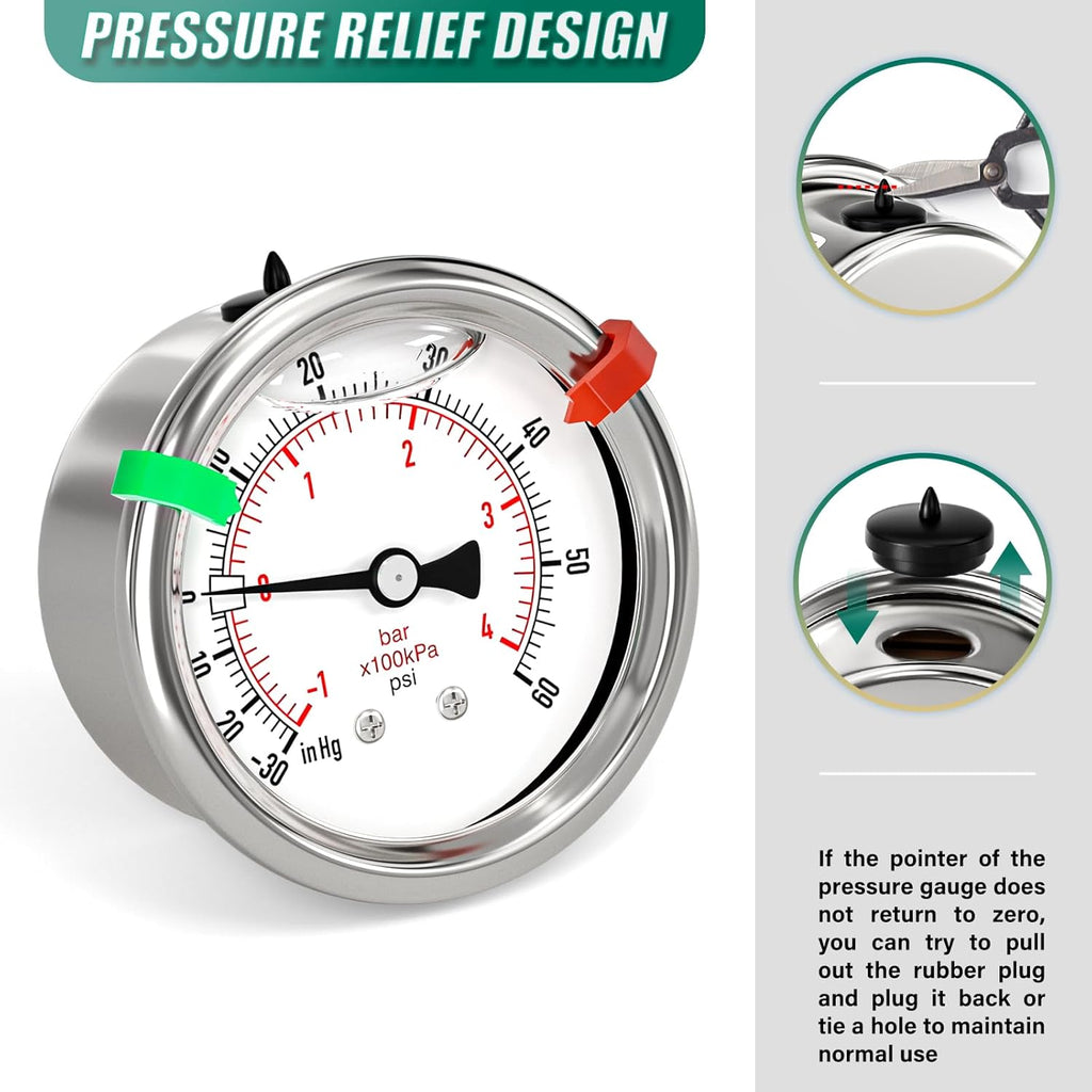 -30inHG-60PSI Stainless Steel Liquid Filled Pressure Gauge, 2.5" Dial Size, 1/8" NPT Back Mount, for Tube, Water Pump, Gas, Liquid, Pressure Test (with Range Mark Pointer)