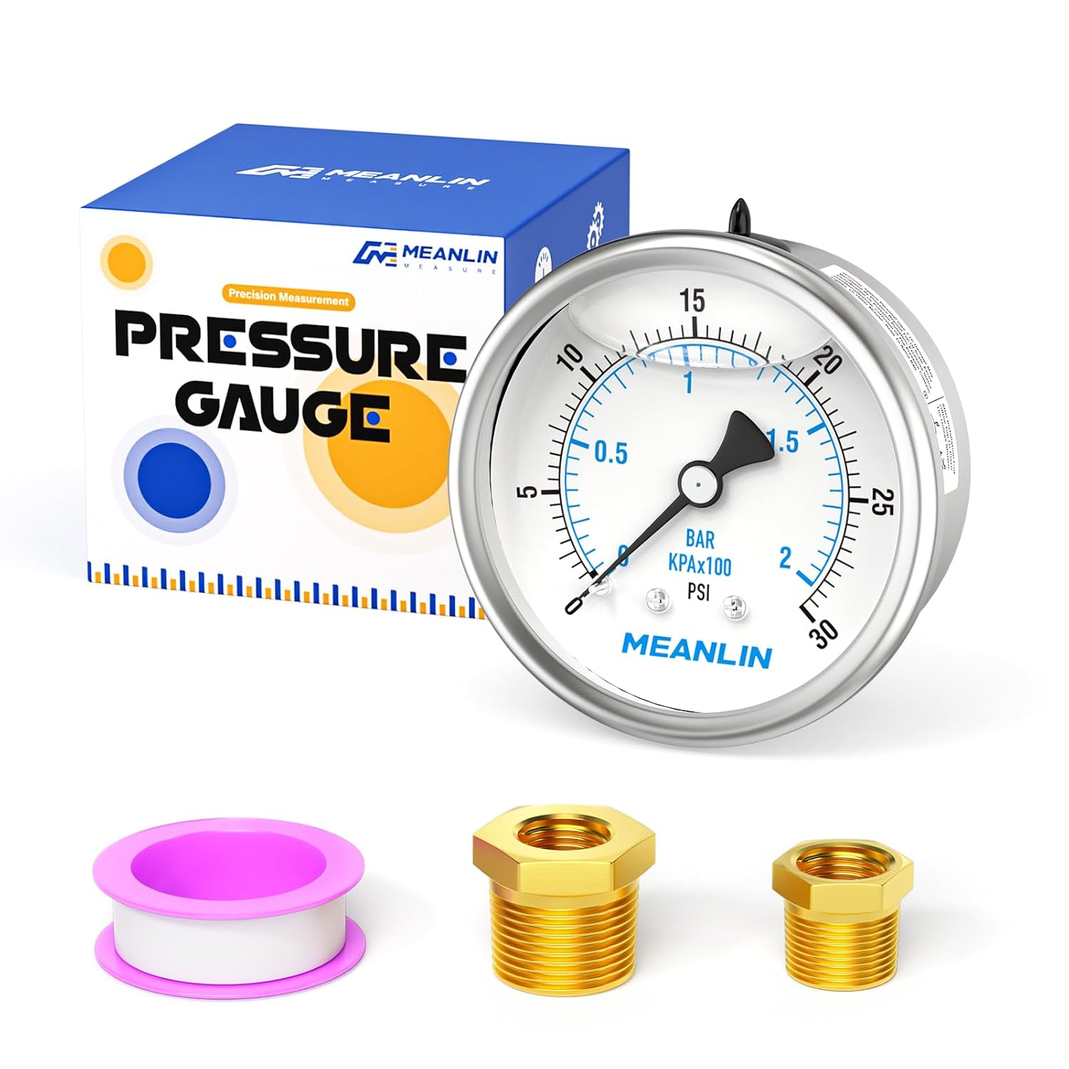 MEANLIN MEASURE 0~30Psi Stainless Steel 1/4" NPT 2.5" FACE DIAL Liquid Filled Pressure Gauge WOG Water Oil Air Center Back Mount, with 1/2" NPT and 3/8" NPT Hex Bushing