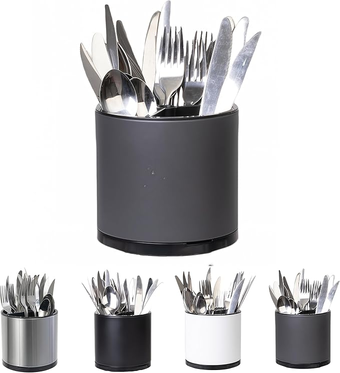 Silverware Organizer Kitchen Utensil Holder 360°Rotating For Counter Organizer Stainless Steel Storage Silverware Caddy 3 Compartment Flatware Spoon Spatula Tool Cutlery Container(Grey)