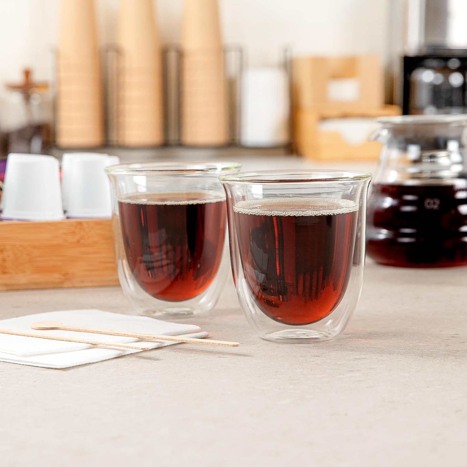 Restaurantware-Forma Professional 6.8 Ounce Double Wall Coffee Cups, 2 Insulated Latte Glasses - Dishwashable, Reusable, Clear Glass Beverage Cups, Freezable, For Hot Or Cold Beverages