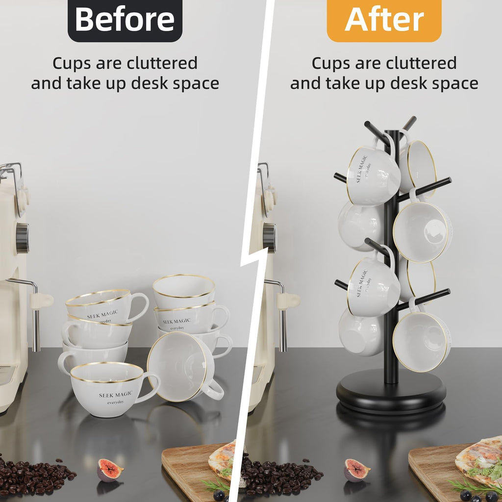 BAMBANG Coffee Mug Tree, 360° Rotating Bamboo Cup Holder Tree for Counter Top, Mug Rack with 8 Hooks, Mug Stand for Coffee Bar, Home, Black