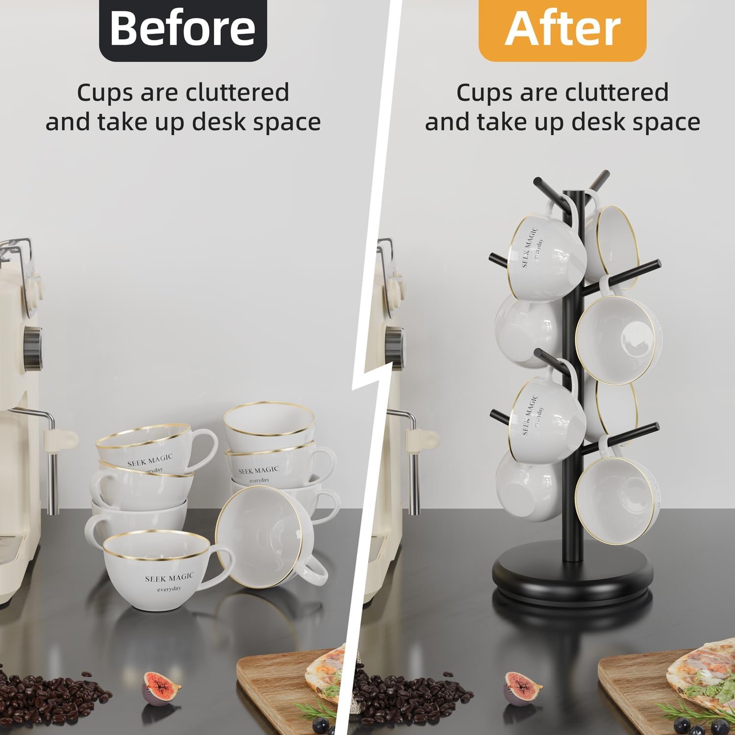 BAMBANG Coffee Mug Tree, 360° Rotating Bamboo Cup Holder Tree for Counter Top, Mug Rack with 8 Hooks, Mug Stand for Coffee Bar, Home, Black