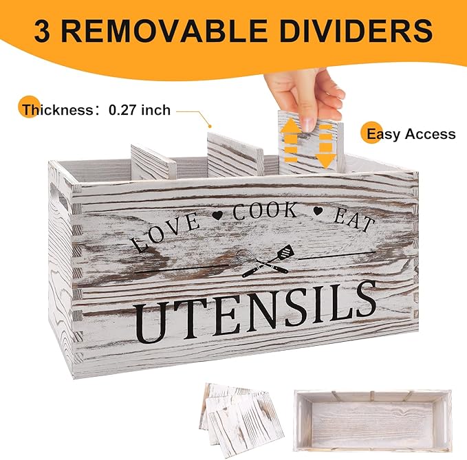 Rustic White Wooden Utensil Holder for Kitchen Counter Decor Extra Large Utensil Crock Organizer Silverware Caddy Farmhouse Wood Cutlery Holder Cooking Utensil Stand Storage kitchen Tools Holder