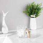 Glass Cotton Jar Holder Matte Gold Lid, Elegant Bathroom Storage Canister for Qtips, Cotton Balls, Floss, Makeup Organizer, Vanity Bathroom Organization