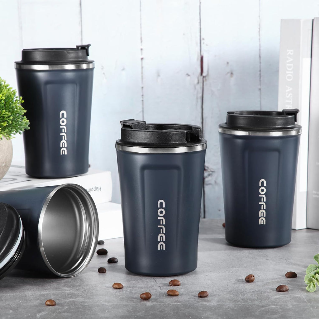 Sieral 4 Pcs 13 oz Travel Coffee Mug Insulated Reusable Coffee Cups with Leakproof Lid Stainless Steel Portable Tumbler for Keep Hot or Ice Milk Tea(Navy Blue)
