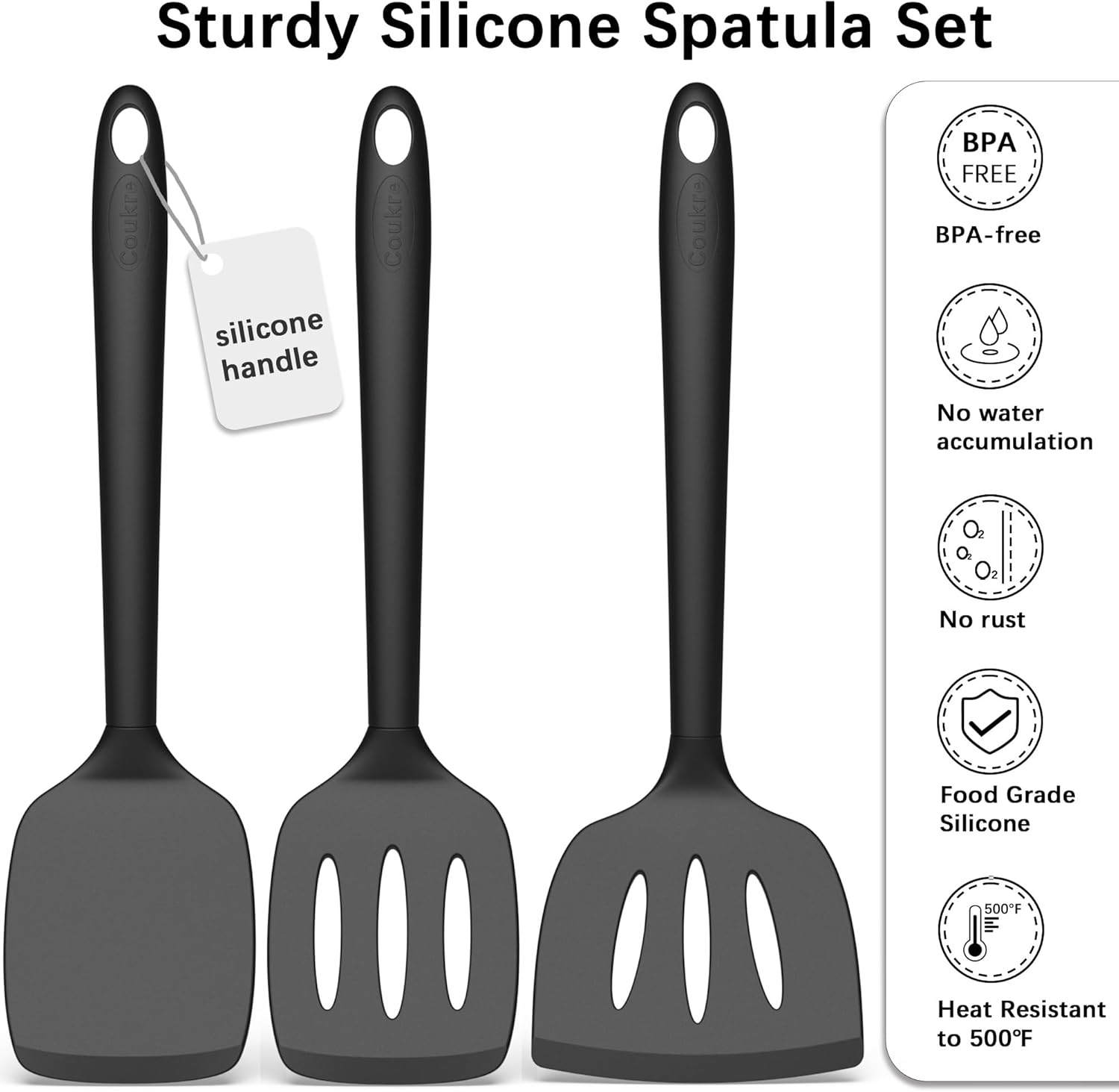 Coukre Silicone Spatula Set of 3, High Heat Resistant, BPA-Free, Kitchen Utensils, Fish Spatula, Solid & Slotted Turner for Non-Stick Pans, Flipping Eggs, Pancakes, Fish, Burgers (3, PureBlack)