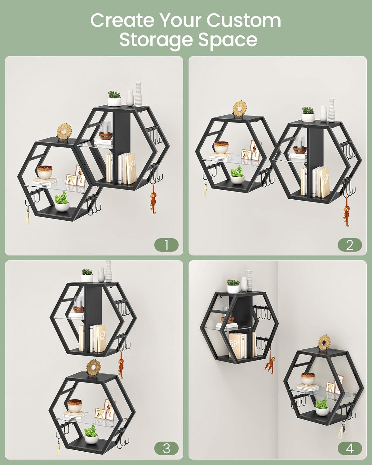 Hexagon Floating Shelves Set of 2, Glass Hanging Shelves for Wall Decor, Industrial Style Wall Storage Rack and 12 S-Hooks, for Living Room, Bedroom, Office, Game Center, Black TBJ08BB