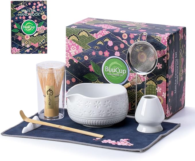Matcha Whisk Set, Ceramic Matcha Kit Set Includes Matcha Bowl, Matcha Whisk and Holder, Bamboo Scoop, Scoop Rest, Sifter and Tea Towel - 7 Pcs Matcha Kit for Matcha Lovers(White)