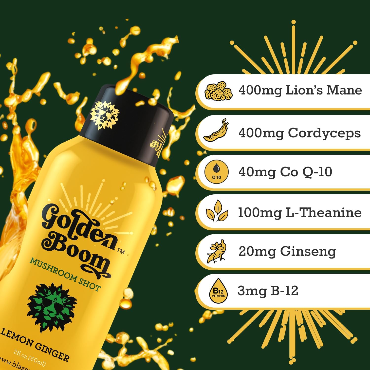 Blaze n Chill Golden Boom Mushroom Shot – Focus & Endurance Drink with Lion's Mane, Cordyceps, B-12 & Ginseng – Natural Mushrooms - Lemon Ginger (2fl oz, 6 Pack)