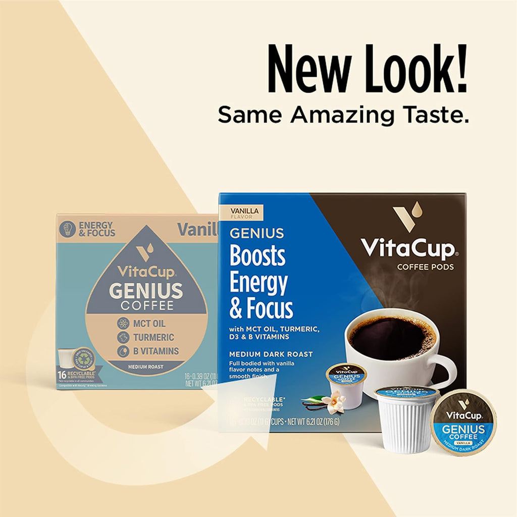 Genius Vanilla Keto Coffee Pods by VitaCup w/MCT Oil, Turmeric, B Vitamins, & D3 for Energy & Focus in Recyclable Single Serve Pod Compatible with K-Cup Brewers Including Keurig 2.0, 32 CT