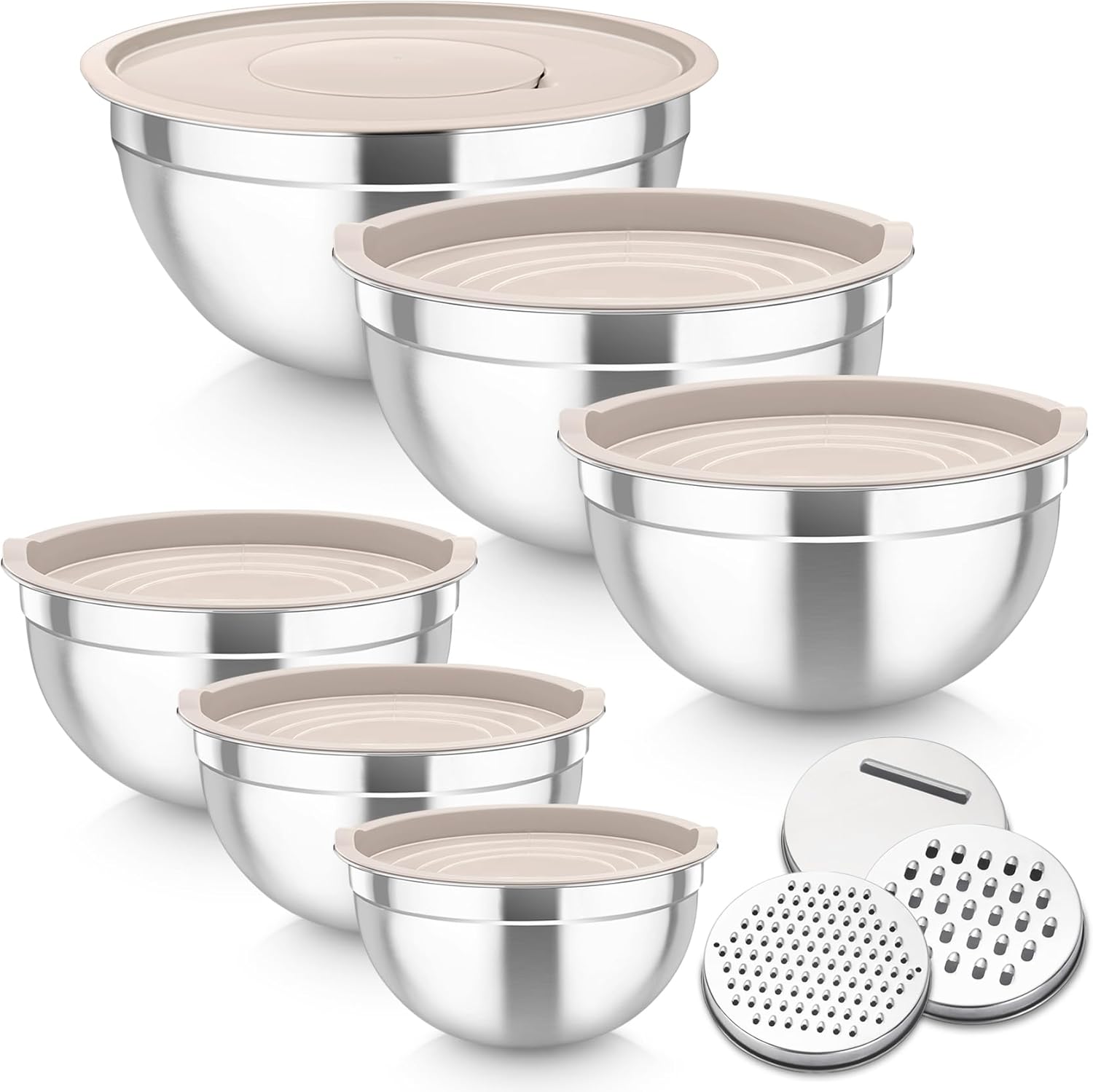 TeamFar Mixing Bowls, 6PCS Stainless Steel Nesting Mixing Salad Bowl with Lids & 3 Grater Attachments, for Food Cooking Baking Storing, Healthy, Khaki - 4.6/2.6/2 / 1.5/1 / 0.7 QT