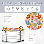 Drink Coasters Set of 6 with Holder, Vintage Groovy Flowers Absorbent Ceramic Drink Coaster for Tabletop Protection,Suitable for Kinds of Cups,Drinks Coasters for Home Office Decoration(4 Inches)