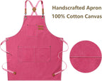 AFUN Chef Aprons for Men Women with Large Pockets, Cotton Canvas Cross Back Heavy Duty Adjustable Work Apron, Size M to XXL (Pink)